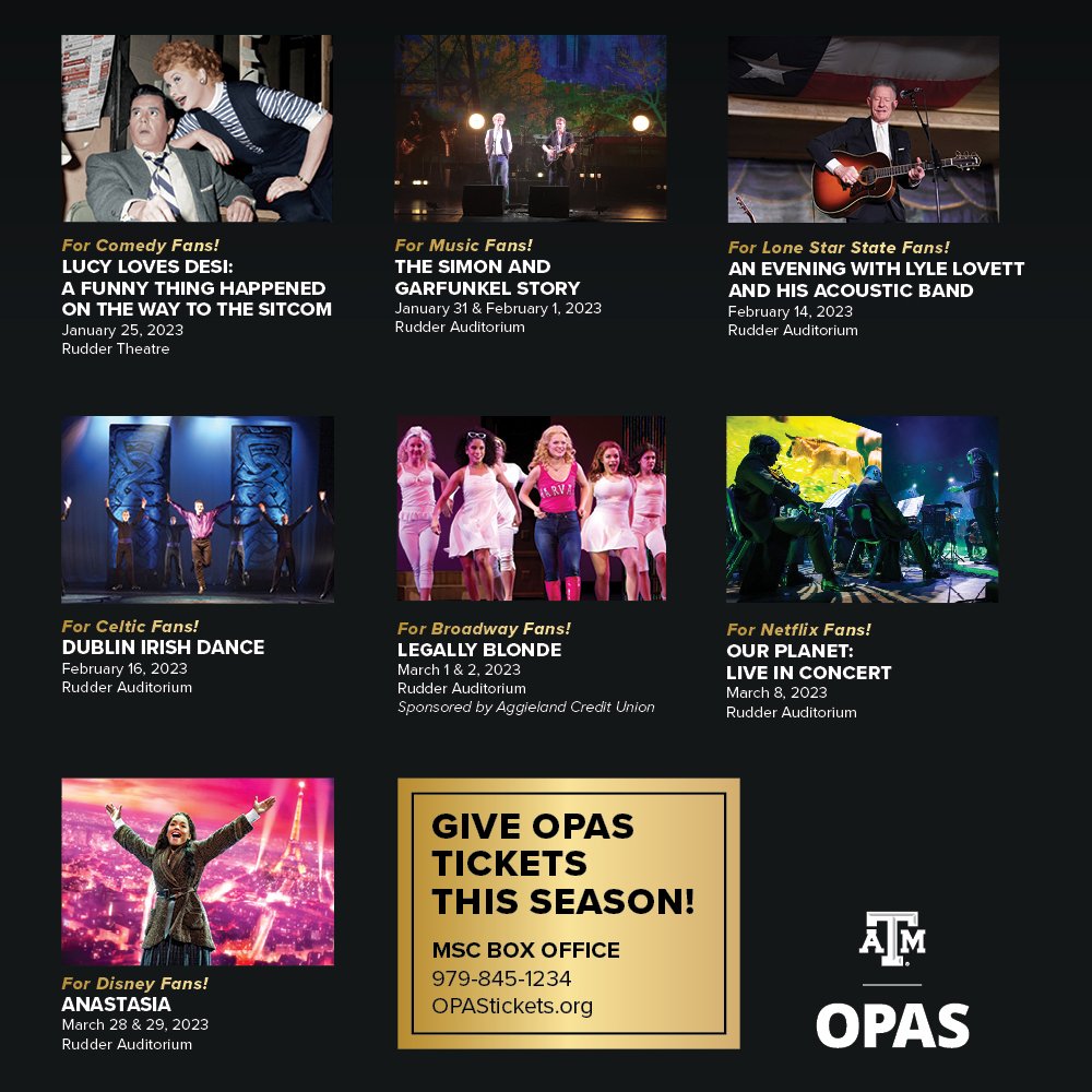 mscopas's tweet photo. ALERT! 🎅🧑‍🎄 Last minute stocking stuffers are here! Tickets to our 2023 spring shows are on sale now at @mscboxoffice. eGift Cards available too! Start shopping here: https://t.co/TDDo9819wO

See you in Rudder @ @tamu! #OPAS50 #TAMU #christmasshopping #HolidayShopping #Aggieland https://t.co/RSW5KuUhXu