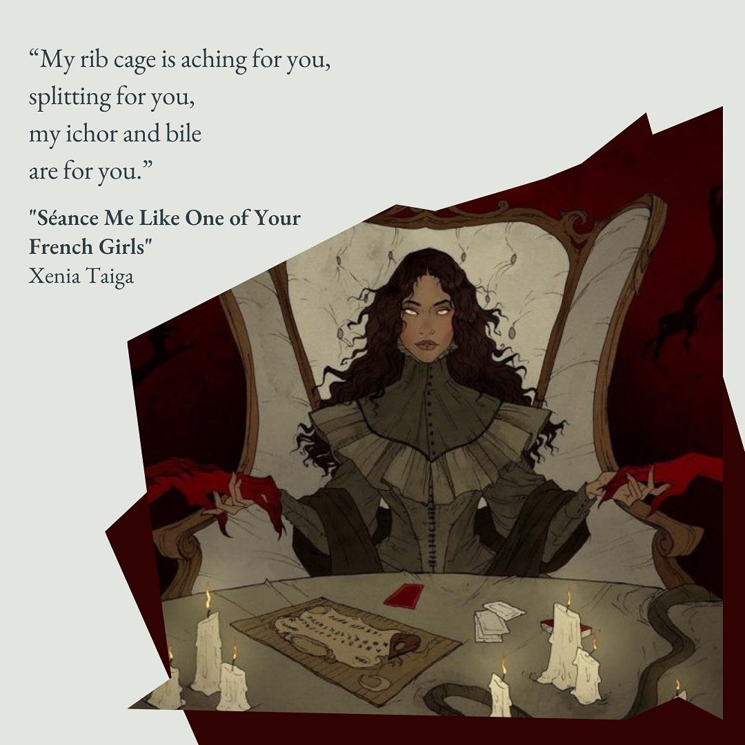 GingerbreadMag's tweet image. “My rib cage is aching for you,
splitting for you,
my ichor and bile
are for you.”
“Séance Me Like One of Your French Girls,” Xenia Taiga’s poem, appears in our 53rd issue. Art by Abigail Larson.
