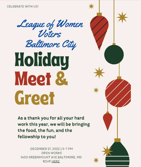 This Wednesday, December 21!
Hosted by our Membership Committee at satellite location in Open Works Greenmount. lwv-baltimorecity.org/lwv_holiday_me…
#lwvbaltcity