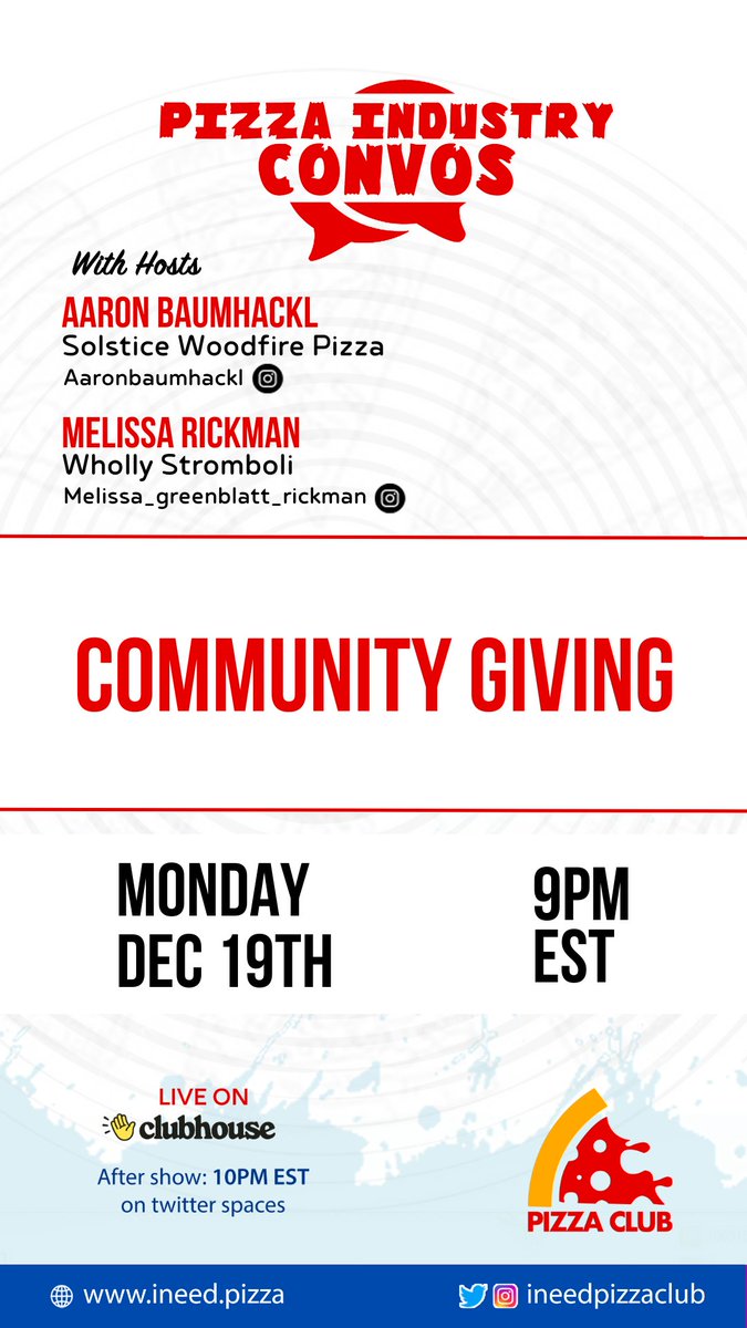 Don't miss the next Pizza Club's Pizza Industry Convos: Community giving. On Monday the 19th at 9pm EST

Clubhouse link for the show:
clubhouse.com/event/PNRlNOQq…

Can't make the live show? Use the same link to listen to a replay of the show

#pizza #foodindustry