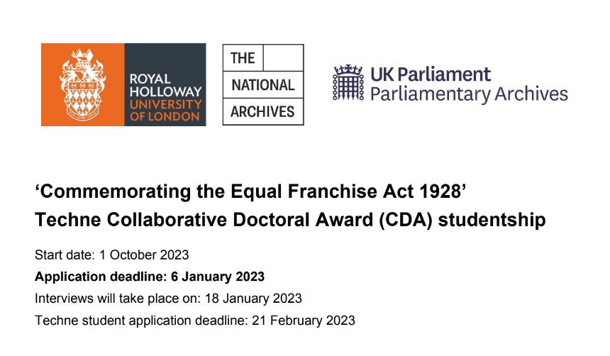 RHULPublicHist's tweet photo. A great opportunity to apply for a fully-funded PhD by Practice in #PublicHistory on the Equal Franchise Act 1928 with @UKParlArchives and @UkNatArcRes, supervised by @stella_moss @vicky_ig @MattSmithRHUL and advised by @satisfactory20 | #PhDposition | https://t.co/B3JuEWO1zh https://t.co/b096cCgB9O