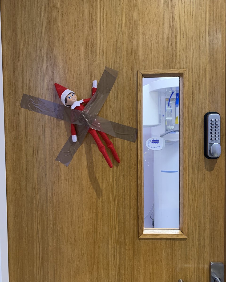 PLDentistry's tweet photo. Day 13⛄ Elf has had to be taped down over the weekend to stop his naughty antics!✋ We will let him out tonight but I wonder what mischief he will get up to😆 #paullowedentistry #elfontheshelf #christmas #Denplan #dentist #solihulldentist #dentistsolihull https://t.co/plTHFlHdyU