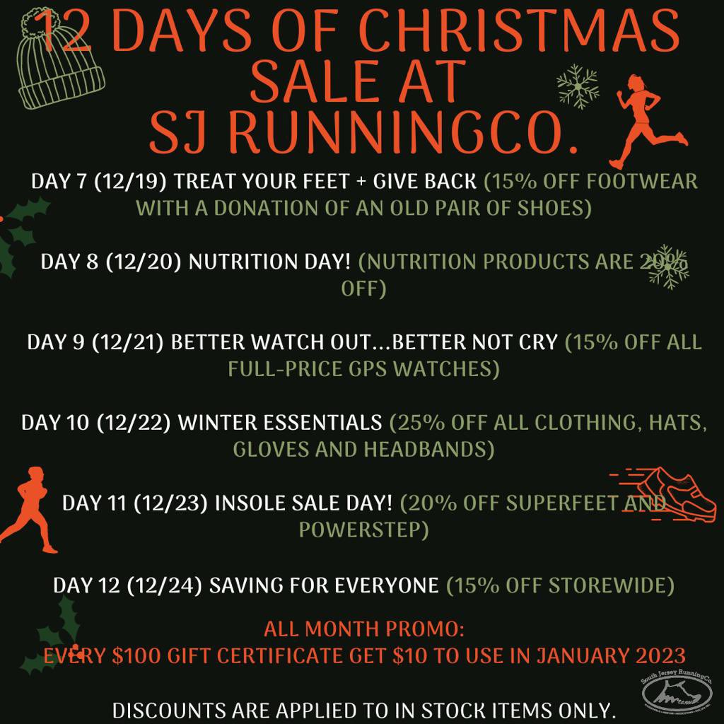 12/19 begins week 2 of sales!! Treat your feet. Donate a pair of old running shoes and get 15% off for a new pair for you!