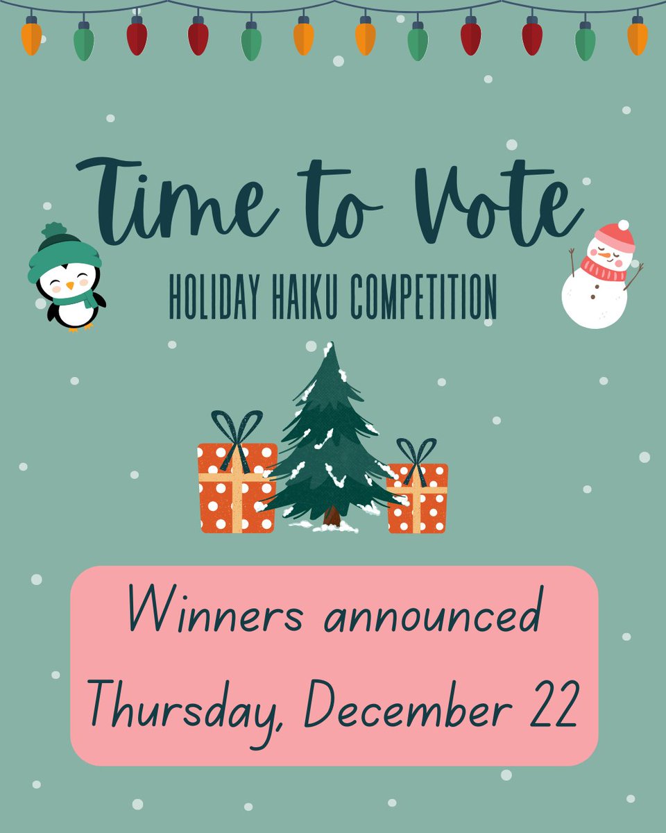 SHSWritingCTR's tweet photo. All the Holiday Haikus are in @SalineHS! Scan the QR code or click this link (https://t.co/Eo60EY1nx7) to vote for your favorite student and staff haikus. Only one vote per person, so choose carefully. Happy voting! https://t.co/ls7GU11fjr