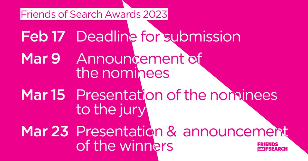 2023 is almost here and that means that the deadline for entering the Friends of Search Award is coming closer. Deadline: February 27.

So... to all ambitious Search specialists out there: Start prepping your best SEO or SEA case and submit it at: friendsofsearch.com/nl/awards/ 

#fos23