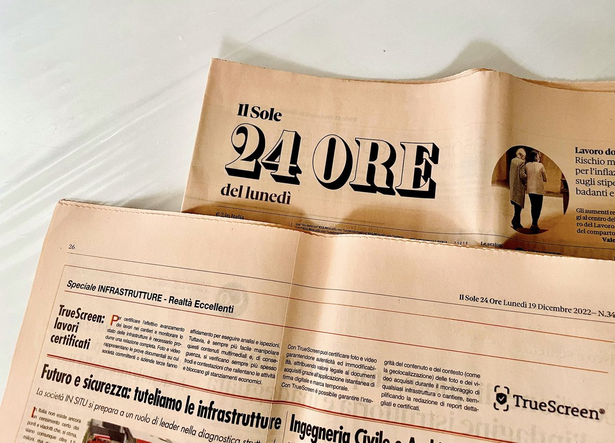 TrueScreen_io's tweet photo. 🙌 Oggi su @sole24ore per le eccellenze italiane nel settore delle #infrastrutture.
🔎 Con #TrueScreen é possibile comprovare la veridicità dei contenuti acquisiti durante i #monitoraggi presso qualsiasi tipo #infrastruttura
Leggi di più 👉 https://t.co/NI9t8WGKOc https://t.co/Fp9hhdKUyk