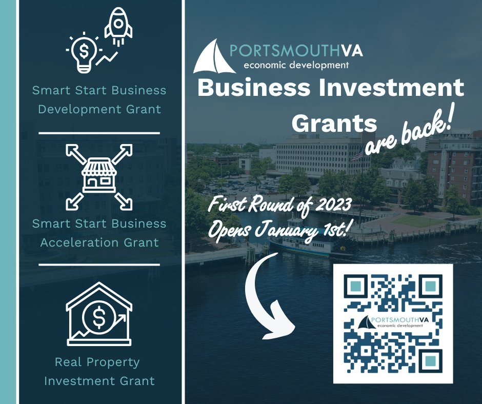 Our Business Investment Grants are back for 2023!

Applications will open on January 1, and the round closes on January 31!

#economicdevelopment #smartmoveforbusiness #portsmouthproud