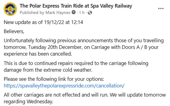 Update for tomorrow Tuesday 20th December. We have cancelled carriages door A/B for the whole day. All other carriages are running.