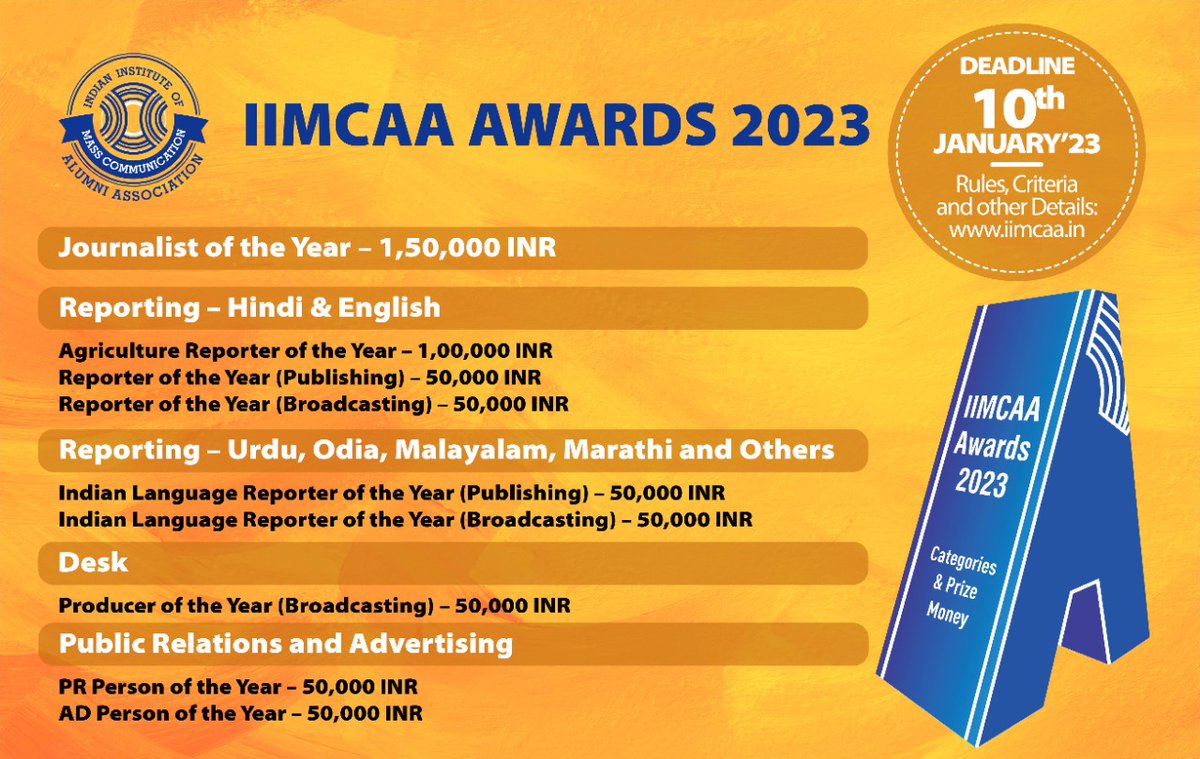 IIMCAA Awards 2023 Entries Open Now | 9 Categories Open for Entries | Rules and Criteria to Apply | Last Date- 10 January, 2023 #IIMC #IIMCAA #Connections #IIMCAAAwards | <a href="/IIMC_India/">Indian Institute of Mass Communication</a> <a href="/YRDeshmukh/">Yashwant Deshmukh 🇮🇳</a> <a href="/sunetrac/">sunetra choudhury</a> <a href="/Nidhi/">Nidhi Razdan</a> <a href="/Natashajog/">Natasha Jog</a> @BrajeshKMZee <a href="/DuttaAnand/">Anand Dutta</a>  

iimcaa.org/news/iimcaa-aw…