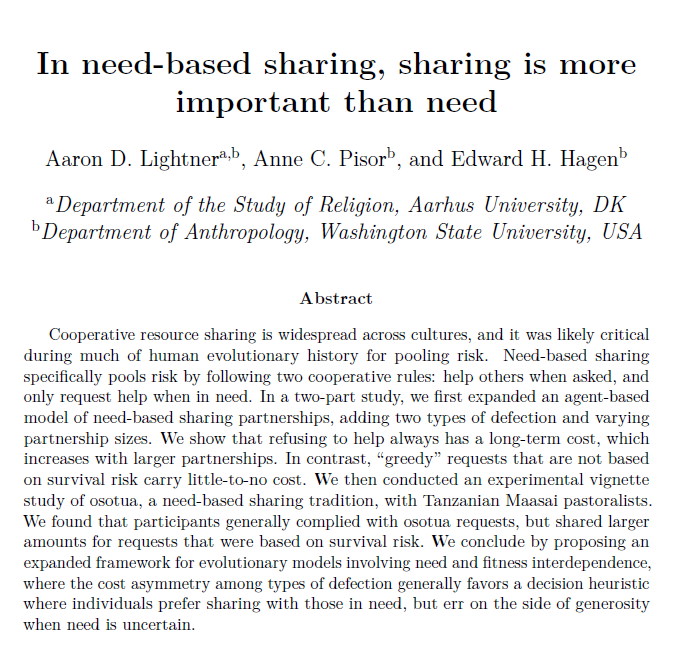 adlightner's tweet photo. New preprint with @AnnePisor &amp; @ed_hagen: https://t.co/ymUjQJSwiM

🧵: Models of cooperation often highlight that sharing is esp. useful for risk pooling when recipients actually need help

But how strictly does this need-based sharing rule map onto real-world traditions? 

/1 https://t.co/tOl3mm8ez2