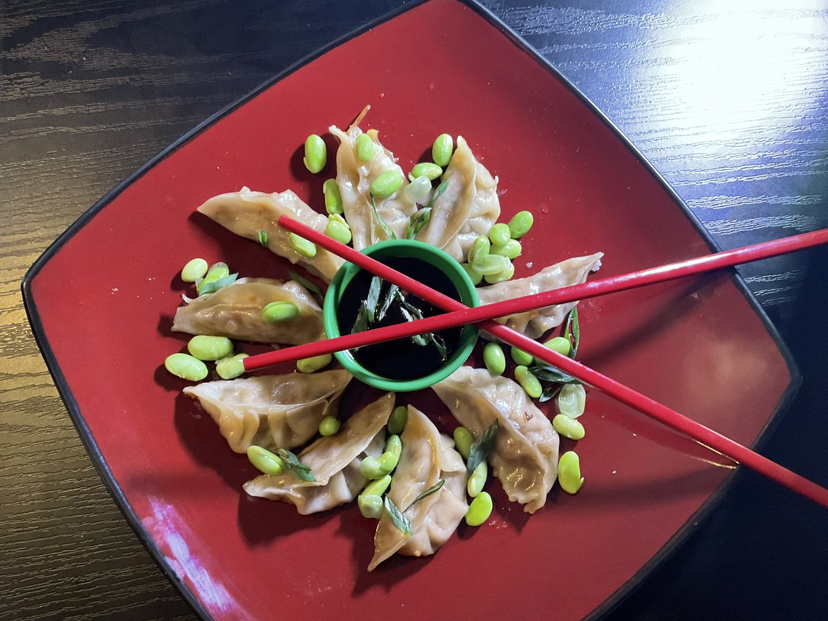 #Vegan Holiday Season #ProteinPacked #BreakfastOfChampions 
#Gyoza #Plantbased topped with #Edamame and #Teriyaki dip
#TisTheSeason Red or black chopsticks? 🥢🎄