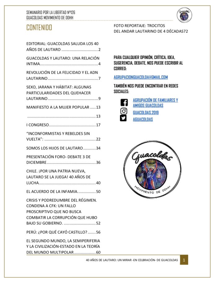 ESTIMADXS:
COMPARTIMOS CON USTEDES EL SEMANARIO N° 126 TITULADO “40 AÑOS DE LAUTARO: UN MIRAR -EN CELEBRACIÓN- DE GUACOLDAS”

PARA VER Y/O DESCARGAR SEMANARIO LO PUEDE HACER EN EL SIGUIENTE LINK:
semanariolibertad.files.wordpress.com/2022/12/semana… 

¡¡SALUDOS!!