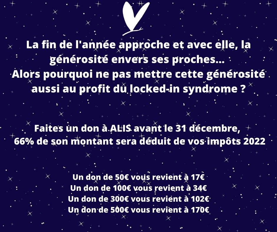 Vos dons rendent possible la multiplication de nos actions et le développement de mise à disposition des outils de communication aux personnes atteintes du LIS.

Parce que chaque don compte, ensemble, continuons de nous mobiliser : 

payasso.fr/alis-associati…