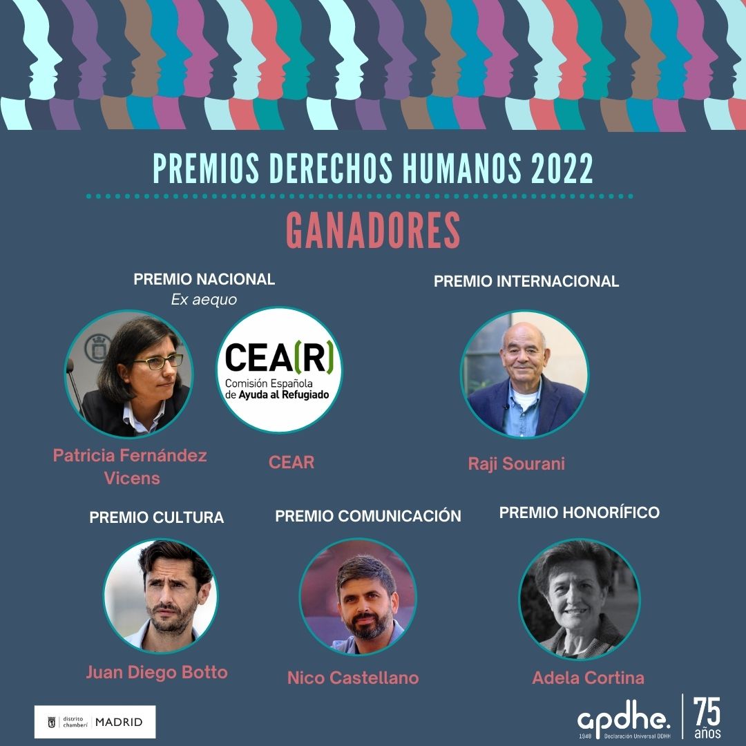 apdhe's tweet photo. 📢Premios Derechos Humanos 2022.    
👏Enhorabuena a los ganadores:  
✅@RajiSourani, Premio Internacional
✅@JuanDiegoBotto, Premio Cultura
✅@NikoCastellano, Premio Comunicación
✅@patucafvicens y @CEARefugio, Premio Nacional ex aequo
✅@ACortinaPantion, Premio Honorífico https://t.co/GJNCnpUpie