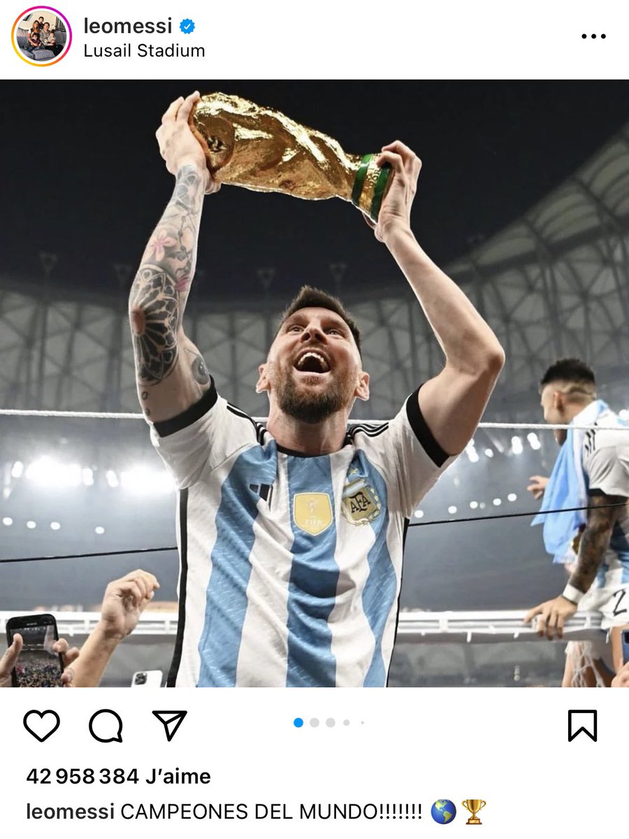 ActuFoot_'s tweet photo. Avec plus de 42 millions de likes, le post de Leo Messi devient le plus liké de l’histoire d’Instagram pour un sportif. 🐐 https://t.co/3gKPaFWHtu