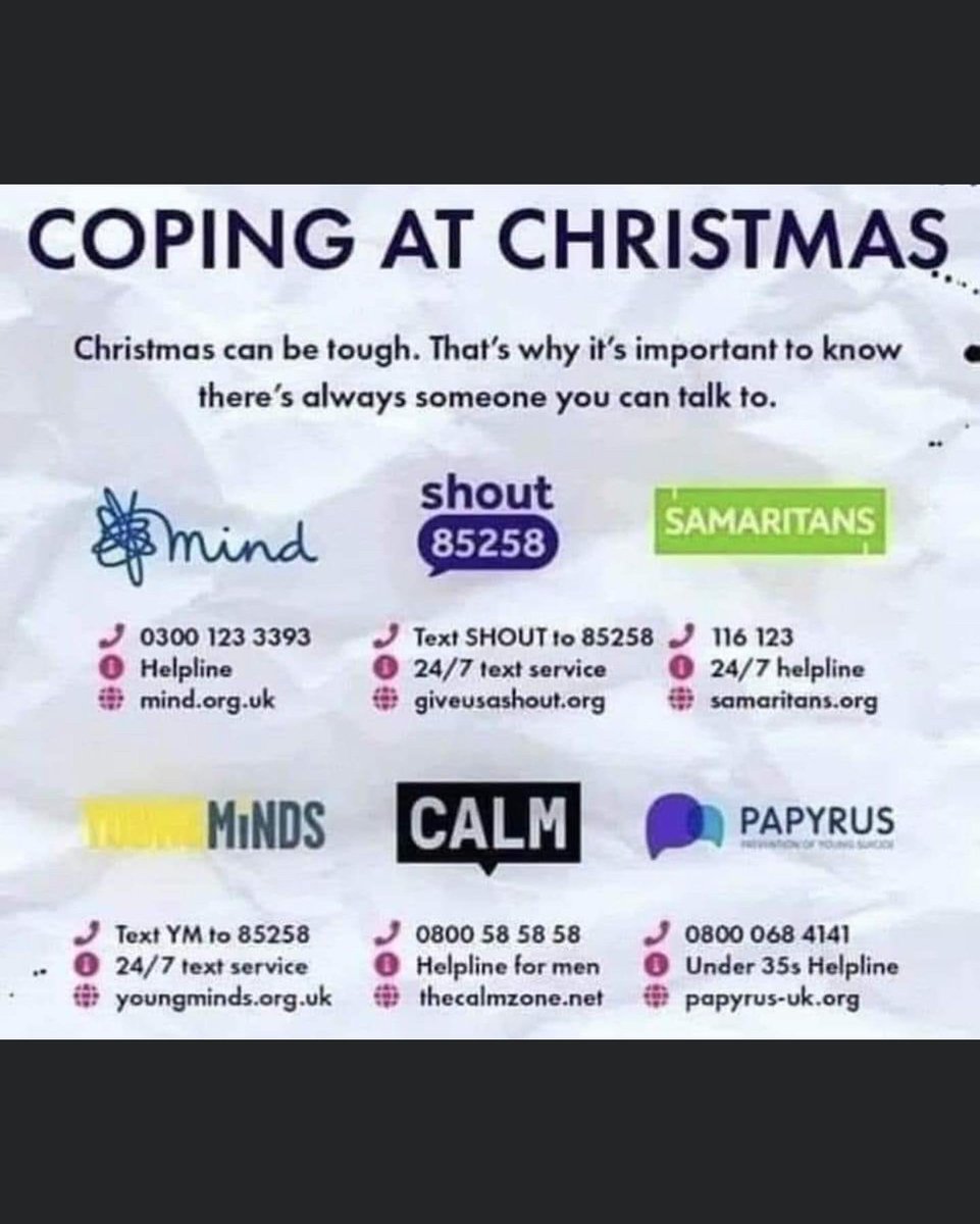 Reiterating that if anyone needs to talk  now more than ever please DM. Christmas is not nice for everyone.