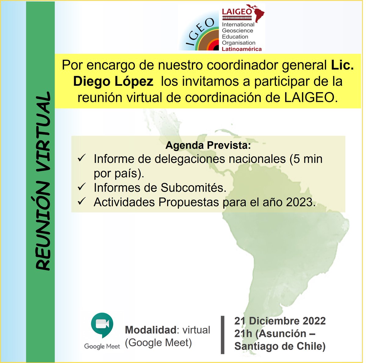 Les invitamos a nuestra última Reunión General de 2022 a desarrollarse el 21 de diciembre a las 21:00 hrs (Asunción- Santiago de Chile) a través de la plataforma Google Meet.
El link ya ha sido enviado por email.
Nos vemos!
#educacionengeociencias #laigeo #Latinoamérica #elCaribe