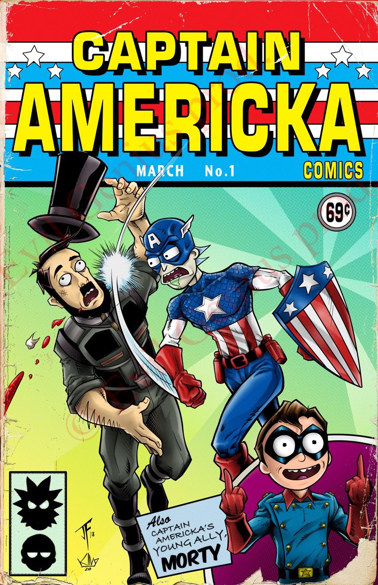Evilgeniuspro's tweet photo. #rickandmorty #captainamerica  #mashup classic comic cover pretty much done. Have to do some final tweaks.  #marvel #comicbookart #adultswim #ricksanchez #mortysmith #comicbooks #schwifty https://t.co/gKEgKShmn5