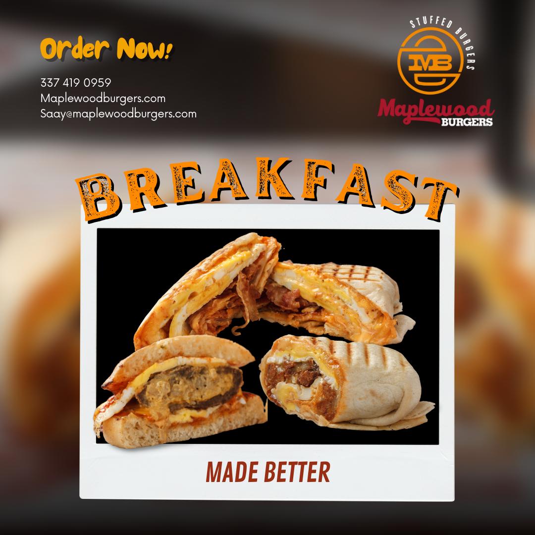 We're Maplewood Burgers and we bring you a completely new twist on your everyday favorite. ✨

Your mornings are about to get a whole lot tastier with our Burritos! 🌯

Order now! 🛒

🌐maplewoodburgers.com
📞337 419 0959
📩saay@maplewoodsburgers.com

#MaplewoodBurgers