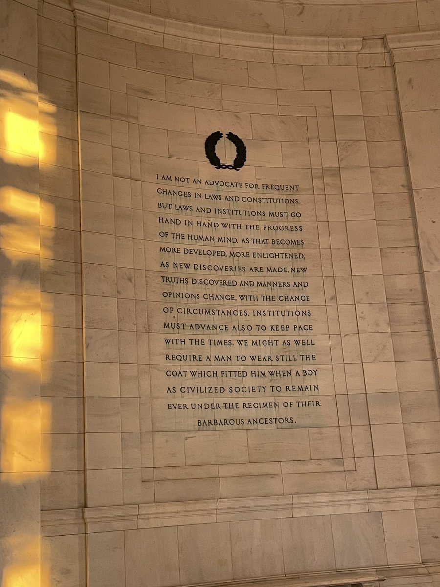 PockHistory's tweet photo. Our final stop on the walking tour: The Jefferson Memorial. Architect of the Declaration of Independence, diplomat, and 3rd President. Mrs Hughes discusses the difficulties of dealing with Jefferson’s legacy #howweremember https://t.co/1t9qLFHTpc