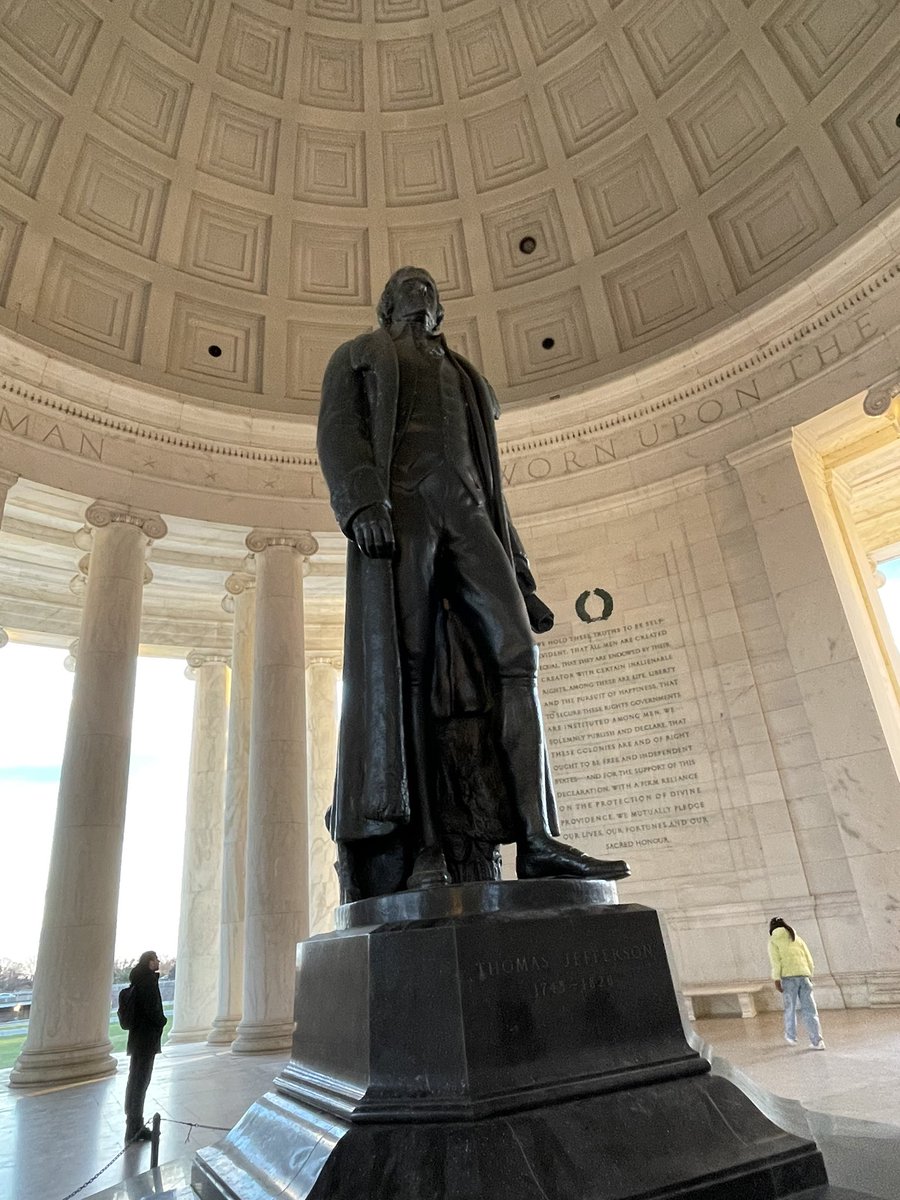 PockHistory's tweet photo. Our final stop on the walking tour: The Jefferson Memorial. Architect of the Declaration of Independence, diplomat, and 3rd President. Mrs Hughes discusses the difficulties of dealing with Jefferson’s legacy #howweremember https://t.co/1t9qLFHTpc