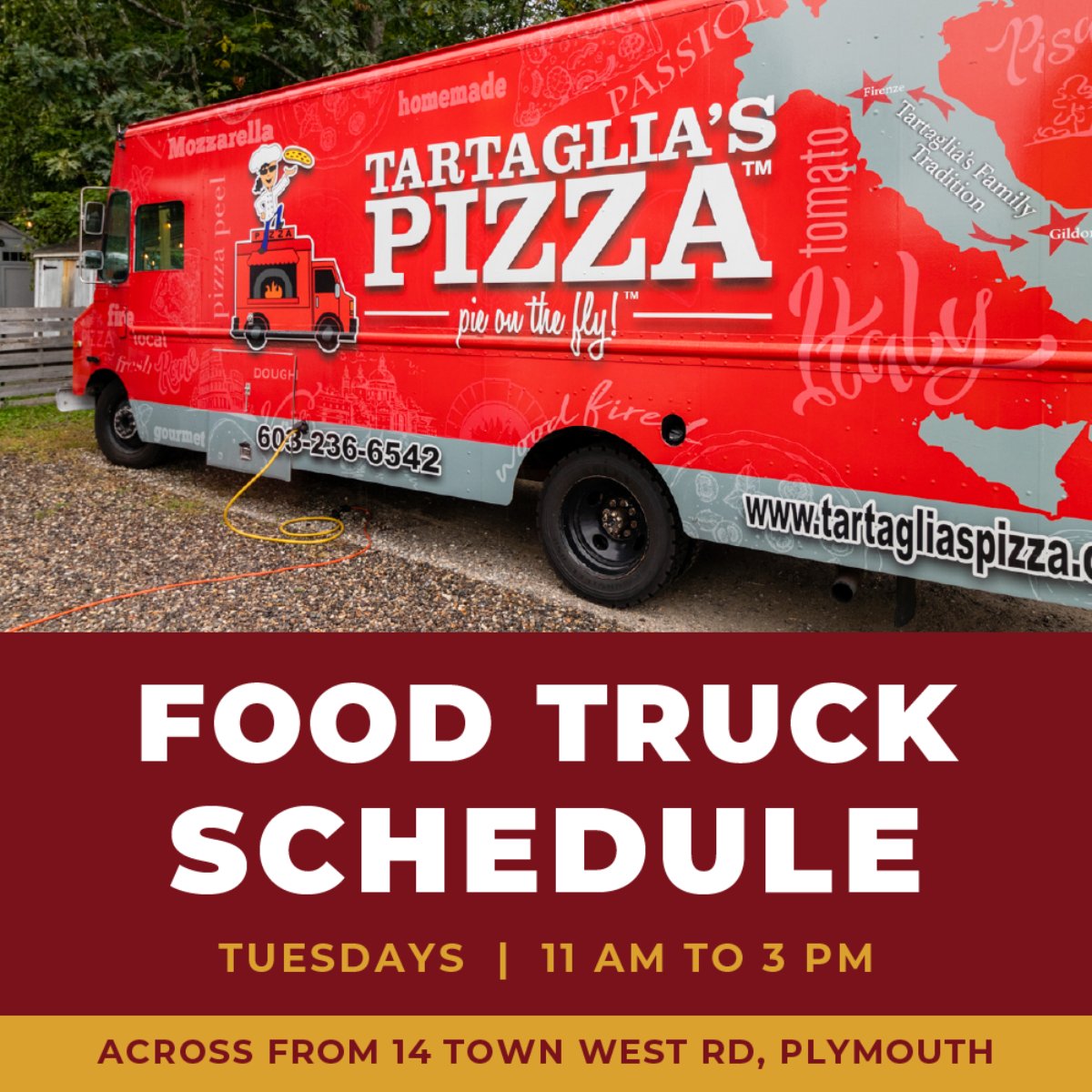 Warm up with some delicious dishes from Tartaglia's Pizza! Join us on Tuesdays, 11 AM to 3 PM, across the street from 14 Town West Rd, Plymouth.   #TartagliasPizza #ArtisanalPizza #BrickovenPizza #CamptonNH #catering