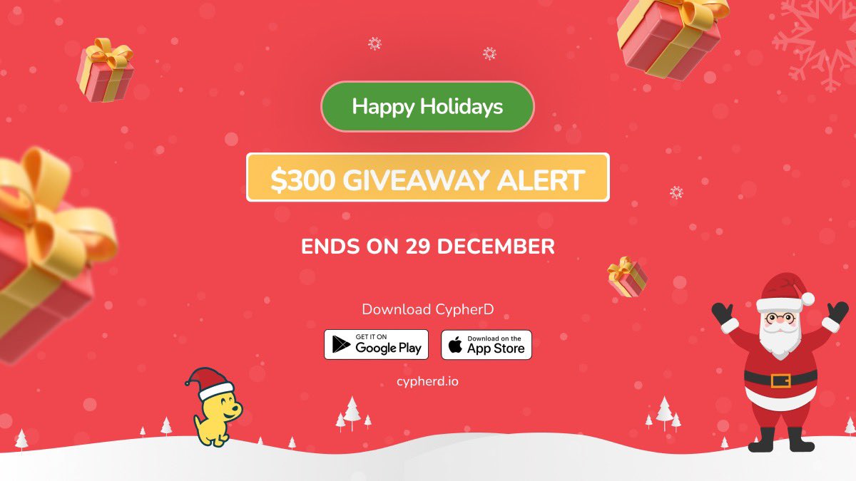 Cypher_HQ_'s tweet photo. Kicking off the holiday festivities with a GIVEAWAY! 🎄

$300 to 3 lucky winners! 🎁

To Enter:

- Download CypherD Wallet 

- Bridge between any two chains using CypherD and share a screenshot

- Follow @cypherdwallet &amp; join: https://t.co/fCfnfQ9wEq

- Like, RT &amp; Tag 3 friends! https://t.co/BF3FsIqb3I