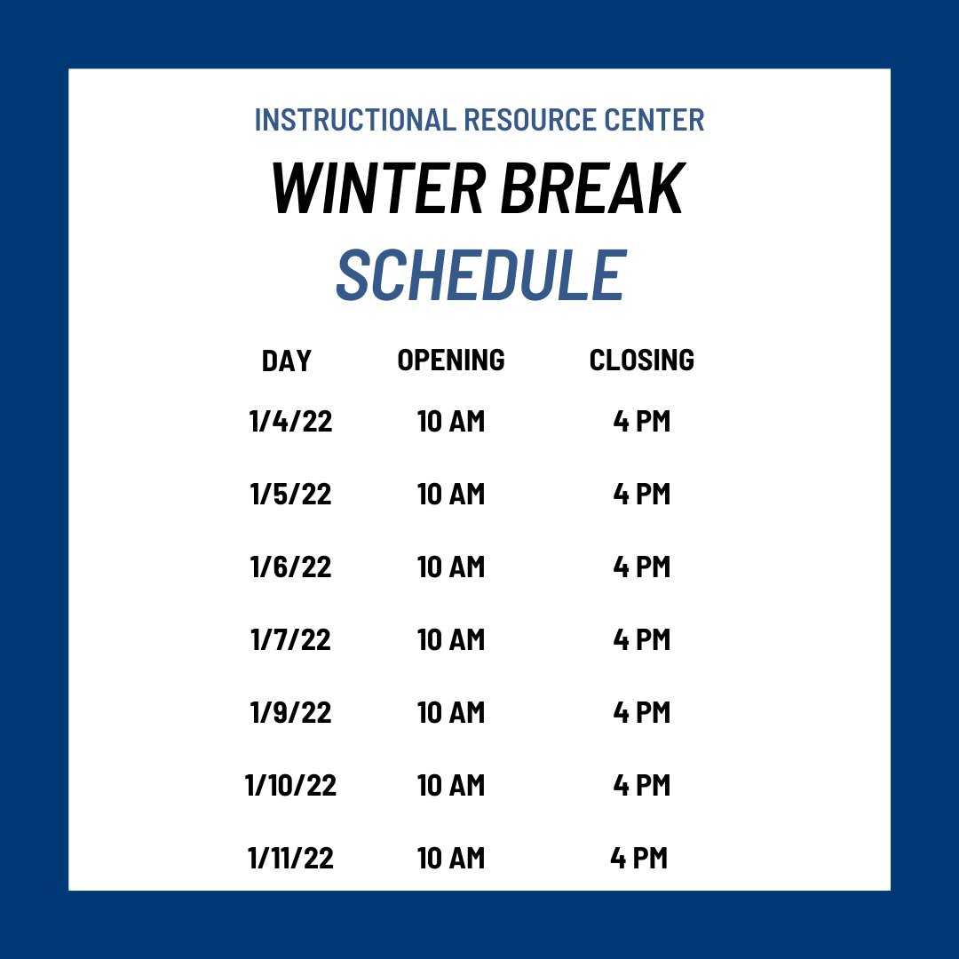 The IRC will be open over winter break! But for limited hours. We will see you on January 4th and till January 11th. 

We will return to our normal schedule on January 17th, 2023. 

Have a great break, Flashes!