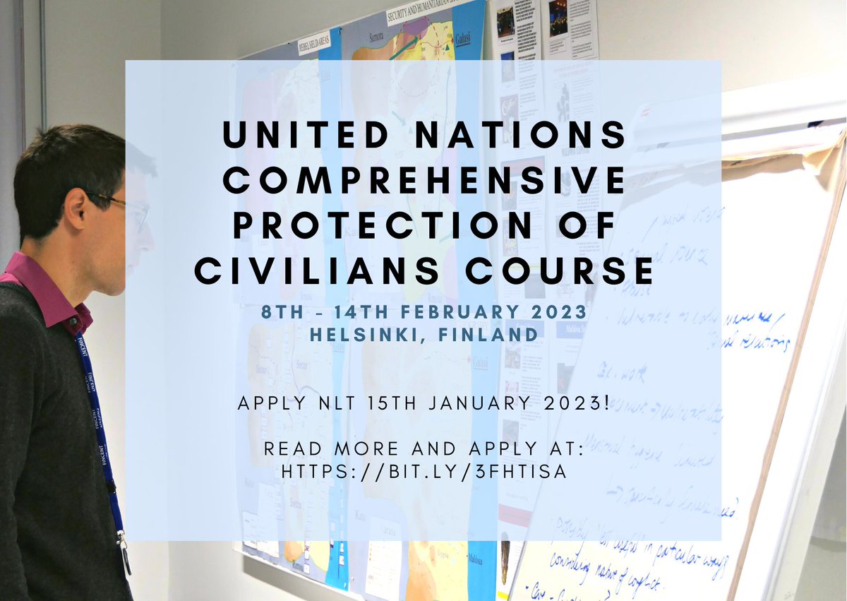 FINCENTFI's tweet photo. Strengthen your understanding of the Protection of Civilians on the tactical level and join us on the UNCPOC course, 8-14 FEB 2023! Read more and apply by 15 JAN at: https://t.co/4nvZx0n8r9
#trainingleaders #protectionofcivilians #uncpoc #fincentfi https://t.co/6kdiEgaWky