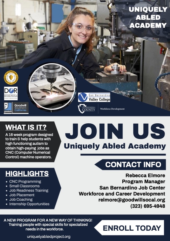 A new program designed to train &amp; help students with high-functioning autism to obtain high-paying jobs as #CNC (Computer Numerical Control) machine operators. Find out more at uniquelyabledproject.org 
#GoodwillSoCal #SBValleyCollege #DOR #wkdev