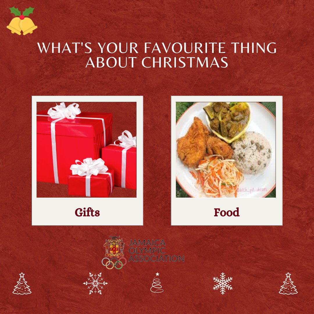 jamaicaolympic's tweet photo. What's your favorite thing about Christmas?
Gifts🎁 or Food🍲
#xmas #favthing https://t.co/7YxuYeidSi
