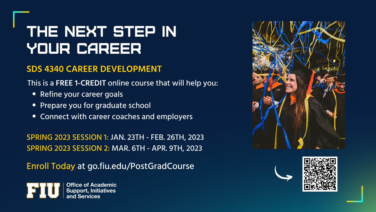 FIUCareer's tweet photo. Congrats, #FIU22Grads! Getting a diploma is the first step. If you’re unsure about what you want to do after graduation, consider our Post-Grad Course. This free, fully online 5-week course will help prepare you for career success. #FIUSUCCESS #FIUPOSTGRAD #FIUALUMNI https://t.co/gGptjSSBxv