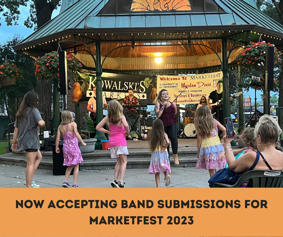 Marketfest's tweet photo. Marketfest 2023 is seeking live music acts to perform outdoors on two stages (Thursdays June 15-July 27 from 6-9pm in Downtown White Bear Lake. We are now accepting band applications through January 31 and scheduling bands in early February. To REGISTER : https://t.co/rrxhRwArhA https://t.co/2p7hydWtVM