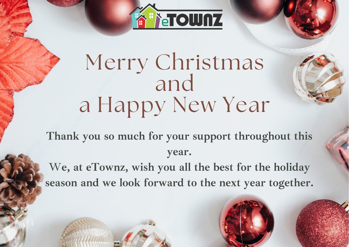 etownz_com's tweet photo. Merry Christmas and a Happy New Year to All. 
Thank you so much for your support throughout this year.
We, at eTownz, wish you all the best for the holiday season and we look forward to the next year together. 
#communityplan #communityplanning #smartvillages #smartvillage https://t.co/ewgiXIfeiT