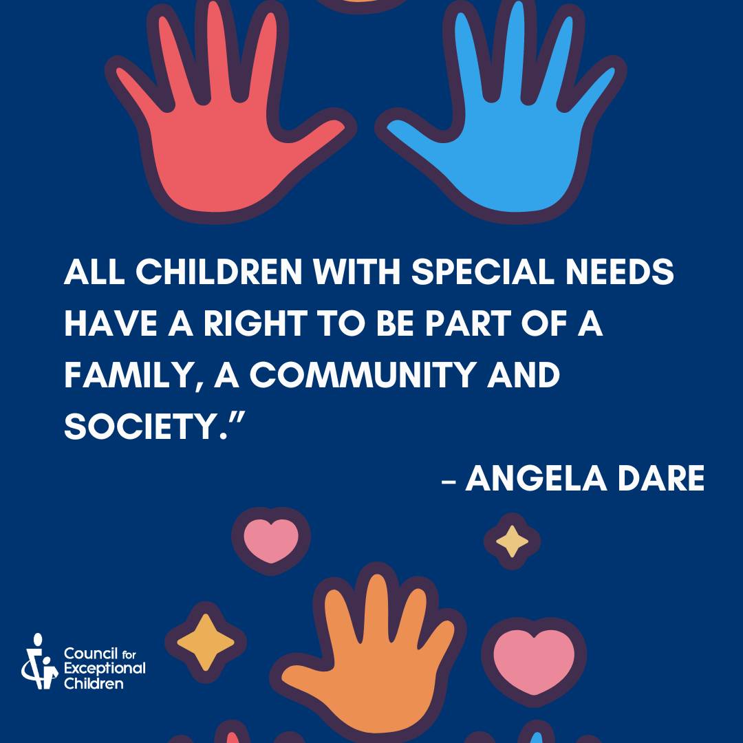 CECMembership's tweet photo. "All children with special needs have a right to be part of a family, a community, and society" - Angela Dare. "Special needs" may be outdated in some circles, but the sentiment is spot on; people are people &amp; deserve to be included. #SpecialEducation #InclusionMatters https://t.co/j81o5I4pjR