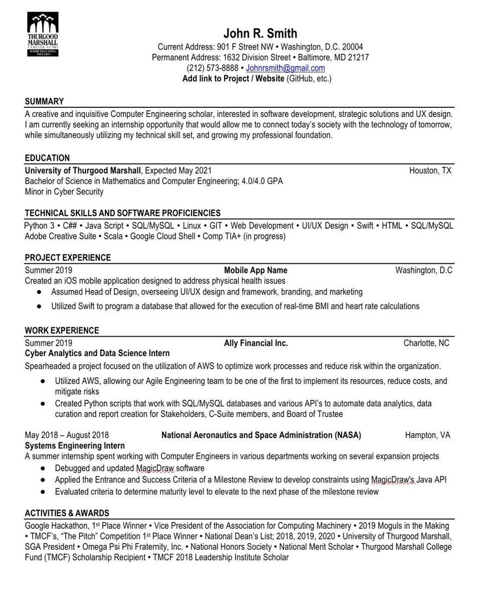 I highly suggest using the TMCF Resume template. If you're not in TMCF