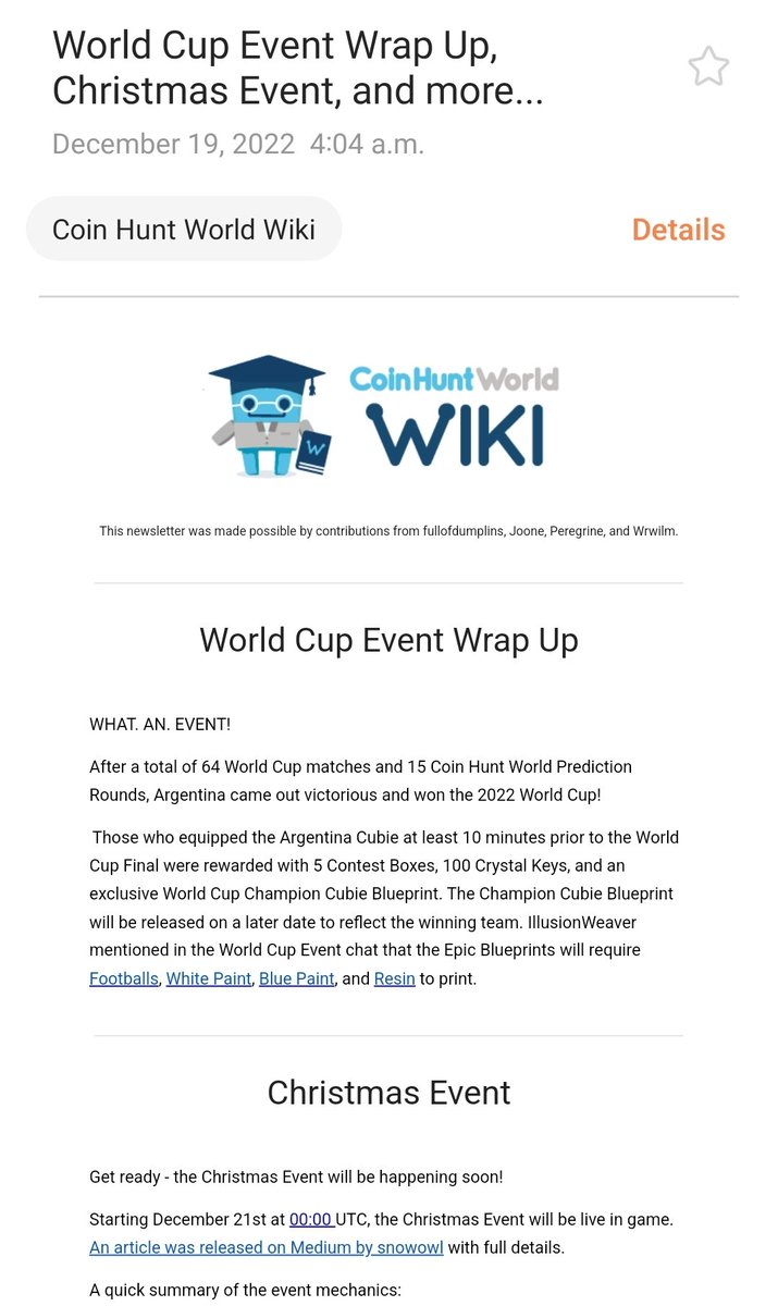 The latest #coinhuntworld Wiki Newsletter was sent out this morning.

Great summary about anything CHW related.

Thank you <a href="/fullofdumplins/">fullofdumplins</a> <a href="/Joone169/">Joone</a> <a href="/peregrineio/">Peregrine</a> and <a href="/wrwilm/">Will</a> for all the work you do.

Stay up to date with the game and subscribe here: coinhuntworldwiki.com/newsletter/
