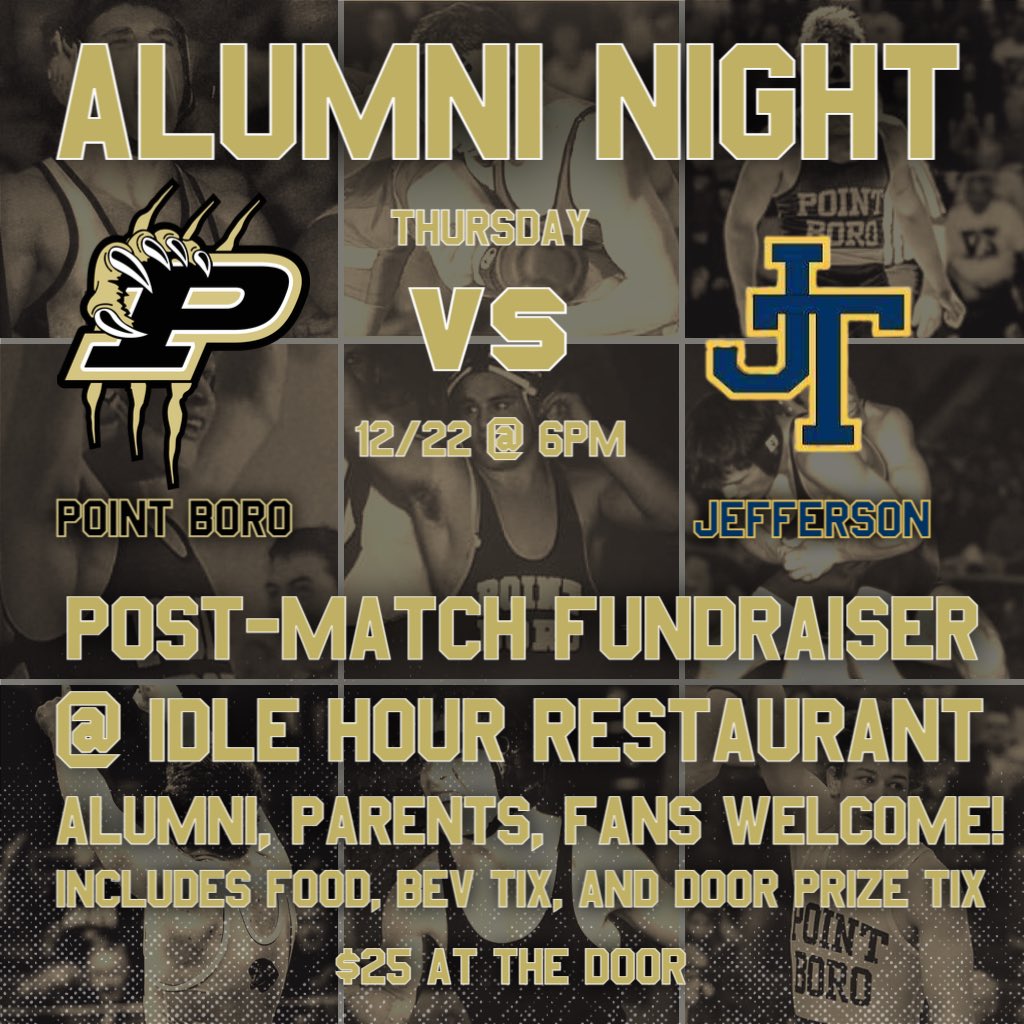 PtBoroWrestling's tweet photo. CALLING ALL ALUMNI! 

We welcome you this Thursday to our HOME MATCH vs a very tough Jefferson Team @ 6pm.

Post-Match Fundraiser at the Idle Hour Restaurant. $25 at the Door for Food, Beverage Tickets and Door Prize Tickets. 

Alumni, please share flyer w/ your old teammates! https://t.co/NyczZfsgyV