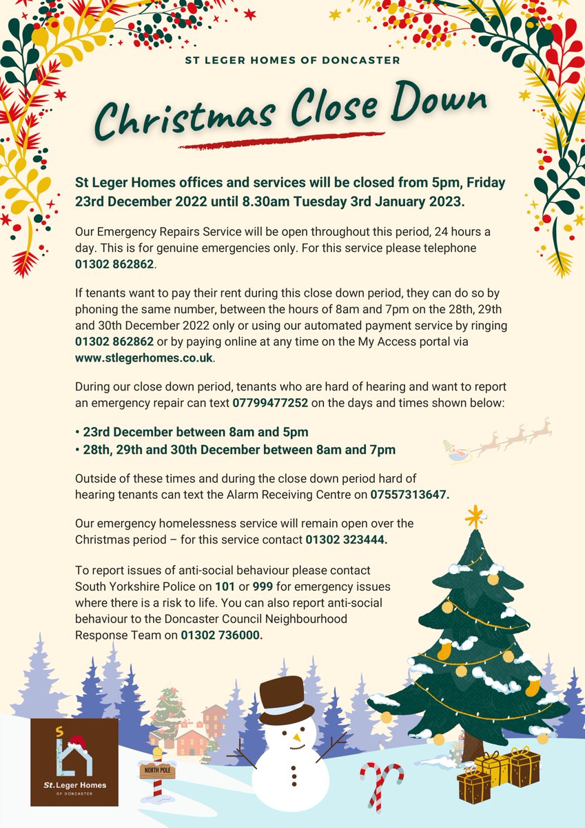 Our offices and services will be closed from 5pm, Friday 23rd December 2022 until 8.30am Tuesday 3rd January 2023. Emergency repairs will remain open. For more information on how we can support you over the Christmas break, please see below, and have a wonderful festive season!🎄