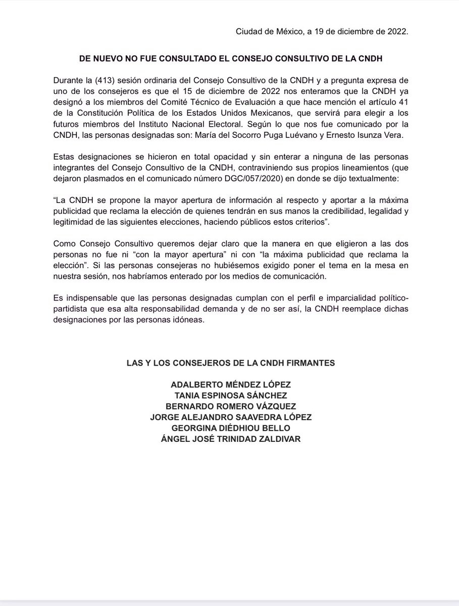 Integrantes del Consejo Consultivo #CNDH manifestamos no haber sido consultadxs para la designación de lxs dos miembros del Comité Técnico de Evaluación que servirá para elegir a lxs futuros miembros del #INE 

<a href="/ADALSAMMA/">Adalberto Méndez López</a> <a href="/jorgesaavedramx/">Jorge Saavedra</a> @Diedhioubello <a href="/atrinidadzal/">Ángel Trinidad</a>