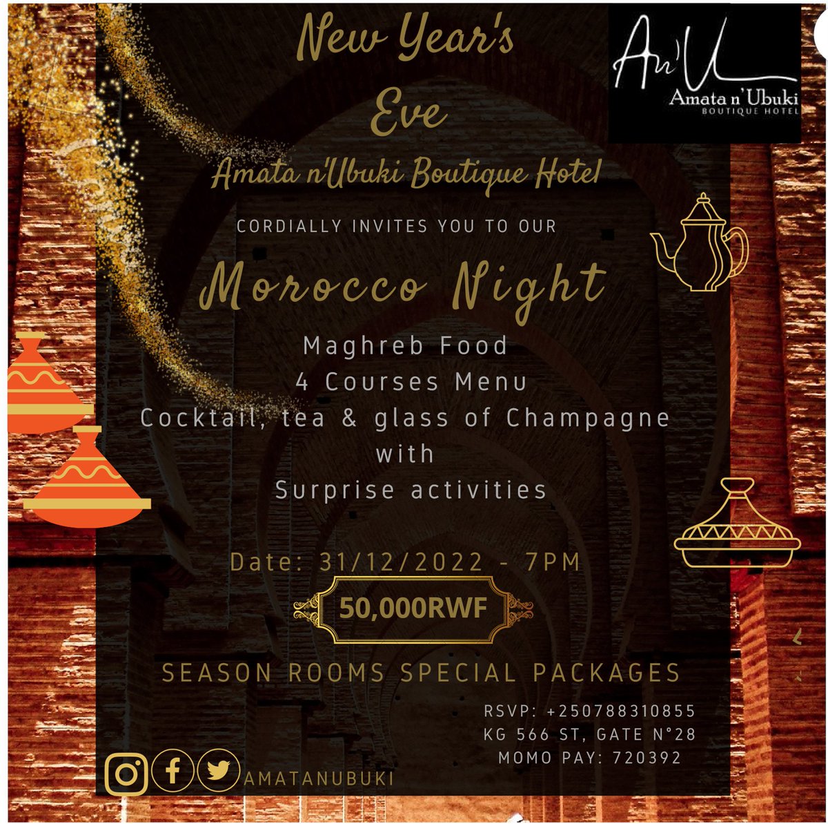 New Year's Eve Morrocan Night.

Finally, the year has come to an end and we want to make it special with you and your entire family. join our New Year's Eve Morocco Night and celebrate Like never before🎉🎉🎉🎄🍷🍸🥂🎊🎊🎊🎊🎊🎊.
