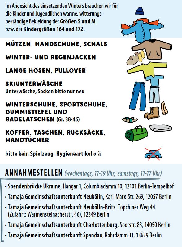 Ca. 800 unbegleitete jungendliche Geflüchtete brauchen DRINGEND in Berlin Winterkleidung. Sie sitzen ungeplant lange in Erstaufnahmeeinrichtungen und sind zwischen 14 u 17 Jahren alt. Wer etwas zu spenden hat, aber nicht transportieren kann, bitte PM an mich