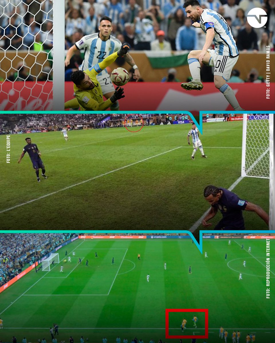 tntsportsmex's tweet photo. ¿No debió contar? 😱

De acuerdo con @lequipe, el VAR debió revisar el gol de Messi en la prórroga, debido a que antes de que el balón entrara, había dos suplentes argentinos invadiendo la cancha. 

Según el reglamento, había que otorgar tiro libre para Francia. 😅 https://t.co/kEi6xZOmp1