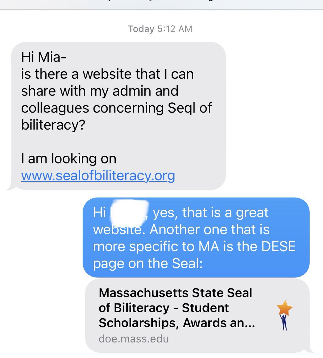 MiaSilva's tweet photo. Typically, my 5am wake up texts are from my dad asking if I want hot bread. Today, on my first day of the Holiday break, it was about the MA State Seal of Biliteracy which lead to an hour long conversation on how to make it happen for this Charter school. https://t.co/5406R6m3sI