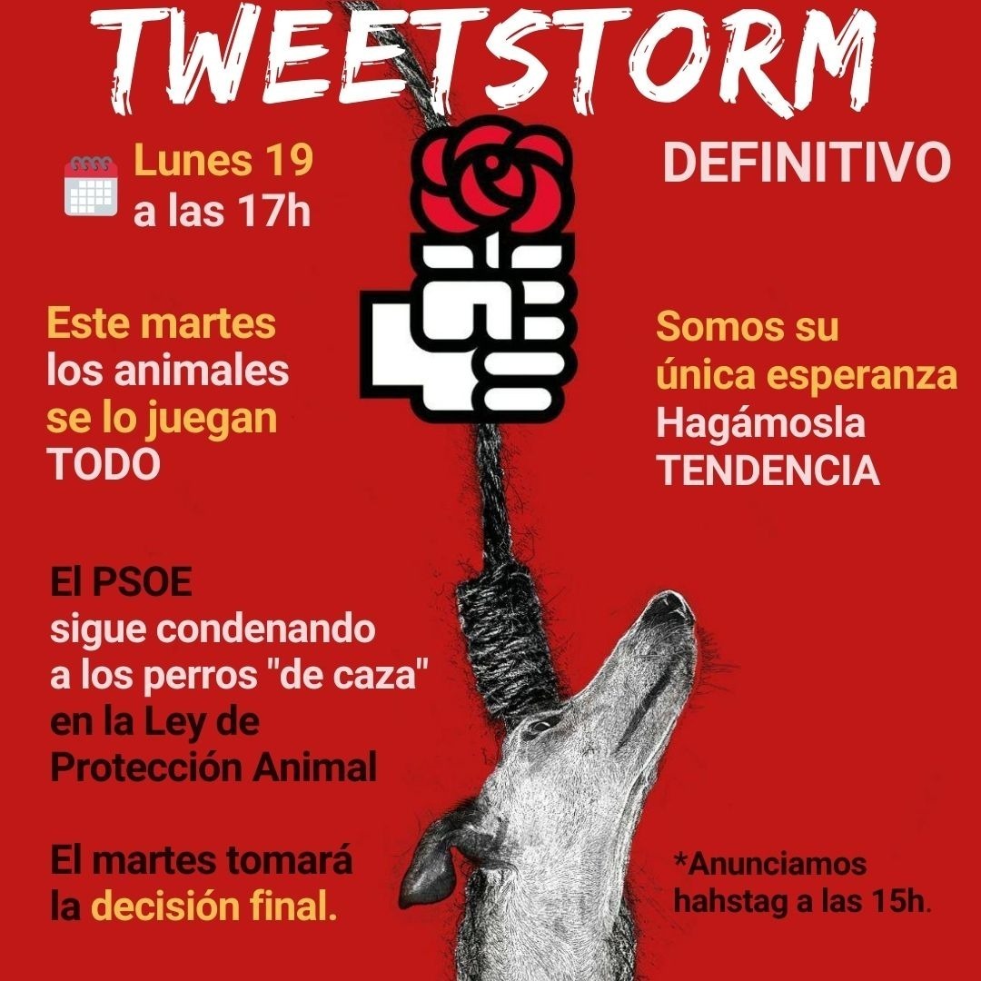 ApaguasLemon's tweet photo. ⚠️HOY lunes 19/12 a las 17h.  
🐦⚡TWEETSTORM DEFINITIVO⚡🐦
😡El PSOE quiere dejar a los perros "de caza" fuera de la Ley de Protección Animal. 
Mañana tomará la decisión final.
🐬🐕LOS ANIMALES SE LO JUEGAN TODO 🐘🐈
¡Participa! 🗣️Sé su voz.
#️⃣Anunciaremos hashtag 2 h antes. https://t.co/a7XCx0rQzT
