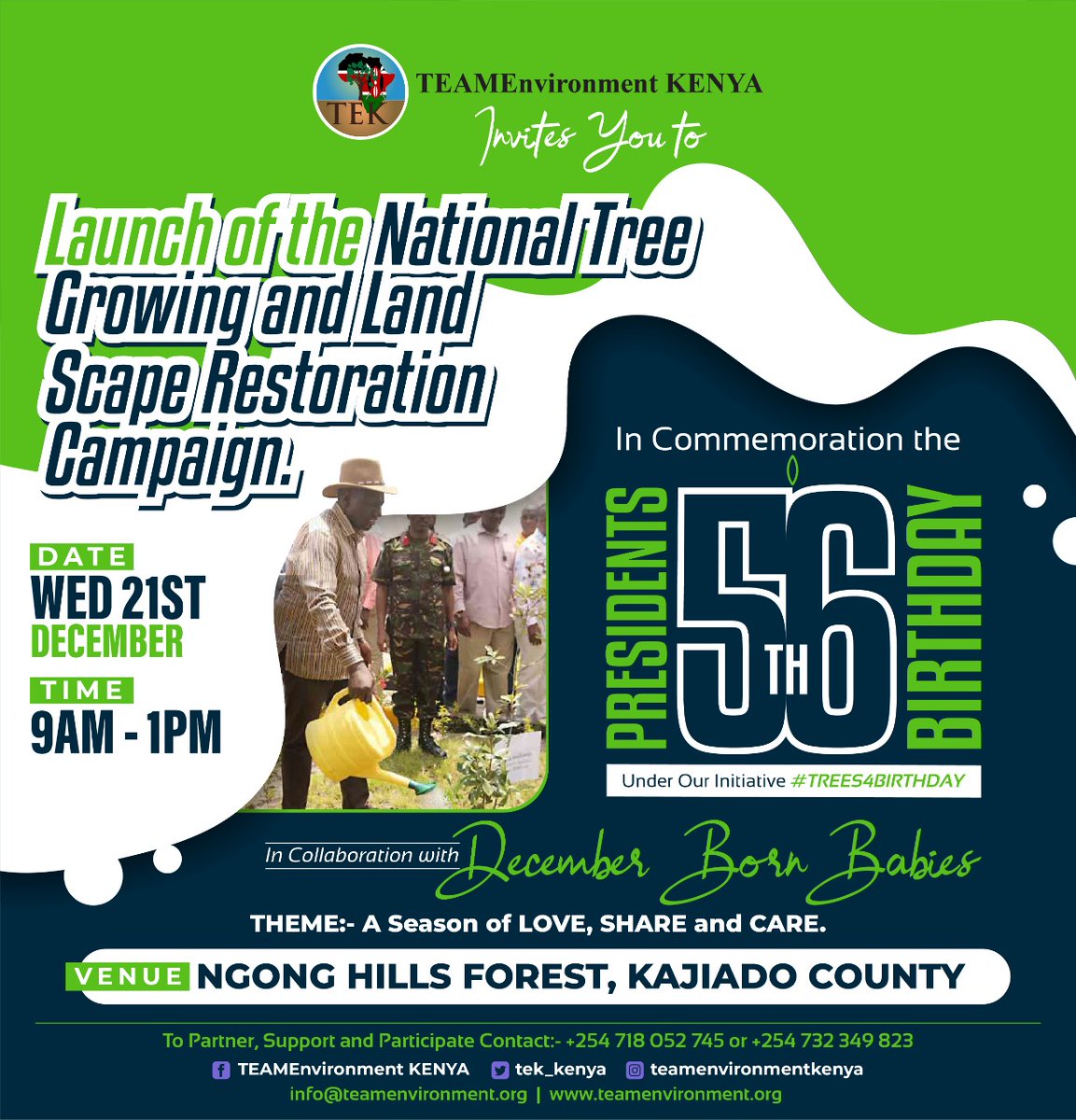 tek_kenya's tweet photo. In Collaboration with the Ministry of Environment and Forestry we invite you for the LAUNCH of the National Tree Growing and Land Scape Restoration Campaign.
@WilliamsRuto
@Environment_Ke

#Trees4Birthday
#DecemberBornBabies
#ClimateAction
#5BillionTrees
#KeepKenyaBreathing https://t.co/TyWLGbjXK0