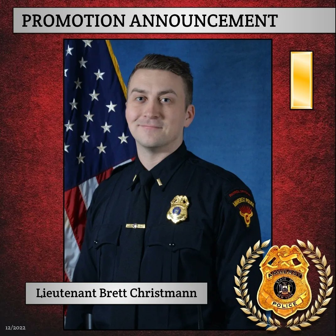amherstpoliceny's tweet photo. [AMHERST POLICE, NY] -- The Amherst Police Department is pleased to announce the promotion of Officer Brett Christmann to the rank of LIEUTENANT. 

We congratulate Lt. Christmann on this well-deserved promotion, and thank him for his continued service to the Town of Amherst. https://t.co/vx364EKlEg