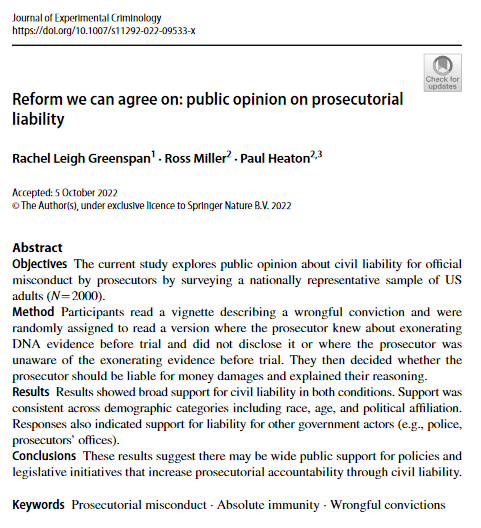 ian_t_adams's tweet photo. ABSOLUTE immunity doesn't capture interest like mere qualified immunity. A very interesting experiment here shows huge gaps b/t public opinion and doctrine. Big majorities of the public want civil liability for prosecutors, which is currently impossible. 

https://t.co/mtoaJOaiT6 https://t.co/pqo8gl0qsC