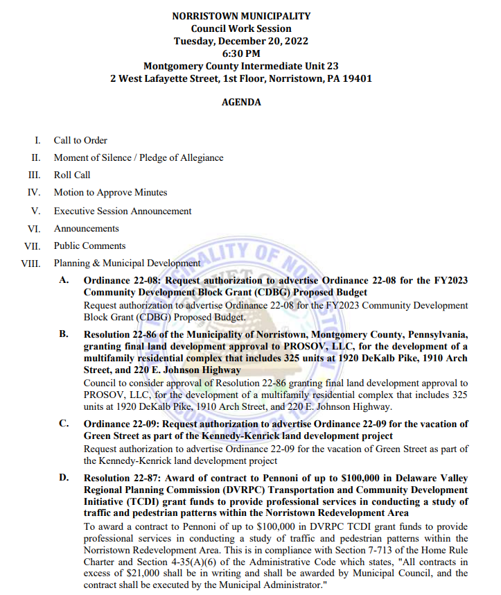 Council has its last meeting tomorrow night, and it is a stacked agenda including the Kennedy Kenrick development, the swearing-in of a new police officer and the go-ahead to evaluate our sewer system. 6:30 p.m. at the MCIU. norristown.org/CivicAlerts.as…