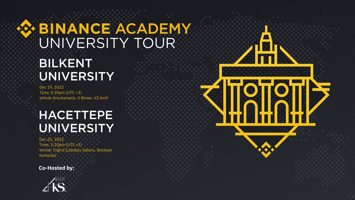BinanceAcademy's tweet photo. We will be visiting two universities in Turkey alongside @Binance_Turkish on our #BinanceUniversity Tour this week 🇹🇷 

🔹Bilkent Üniversitesi - Dec. 19, 5:30pm (UTC+3) 
🔹Hacettepe Üniversitesi - Dec. 21, 3:20pm (UTC+3)

Join us to learn about Web3 &amp; win exclusive Binance merch! https://t.co/244CwK4QEv